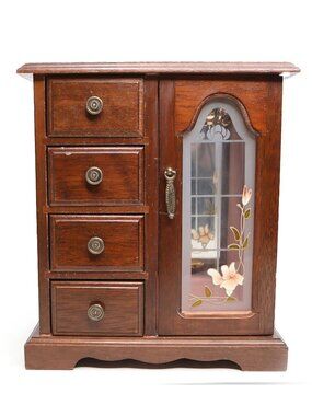 Vintage Gunther Mele Wooden Jewelry Box Armoire Carousel Etched Glass Floral